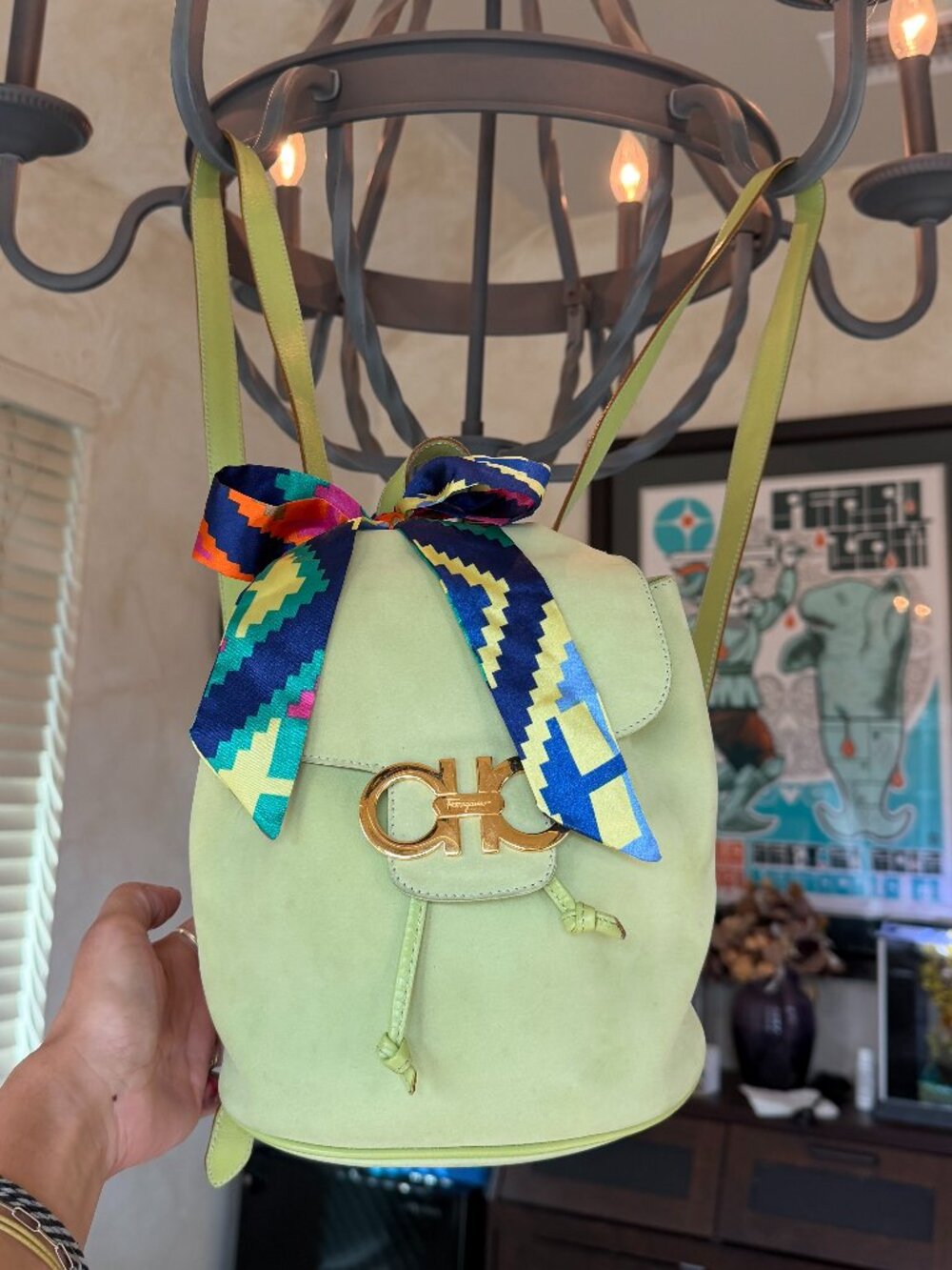 Salvatore Ferragamo Gancini Mint Green Suede Mini Backpack, Vintage EUC